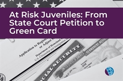 [ai] A composition featuring a U.S. flag and legal documents related to immigration, including an application and a Social Security card, with the text 'At Risk Juveniles: From State Court Petition to Green Card' prominently displayed.
